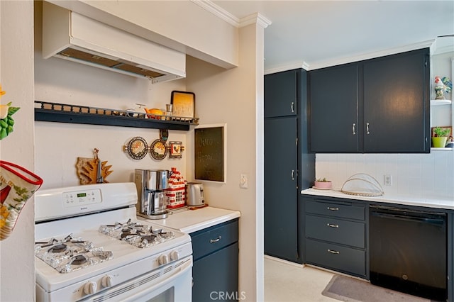 kitchen with tasteful backsplash, black dishwasher, white gas range oven, light countertops, and open shelves