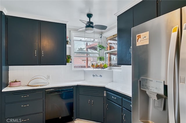 kitchen with tasteful backsplash, a ceiling fan, a sink, dishwasher, and stainless steel fridge with ice dispenser