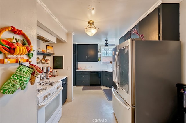 kitchen with black dishwasher, light countertops, open shelves, gas range gas stove, and smart refrigerator