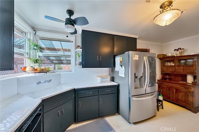 kitchen with tile counters, decorative backsplash, dishwasher, ornamental molding, and stainless steel refrigerator with ice dispenser