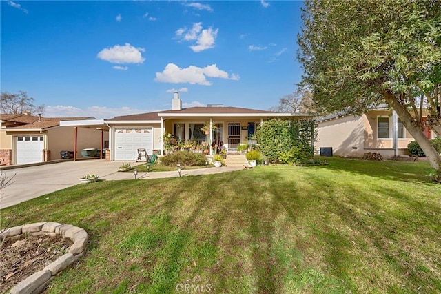 ranch-style house featuring driveway, a chimney, an attached garage, covered porch, and a front yard