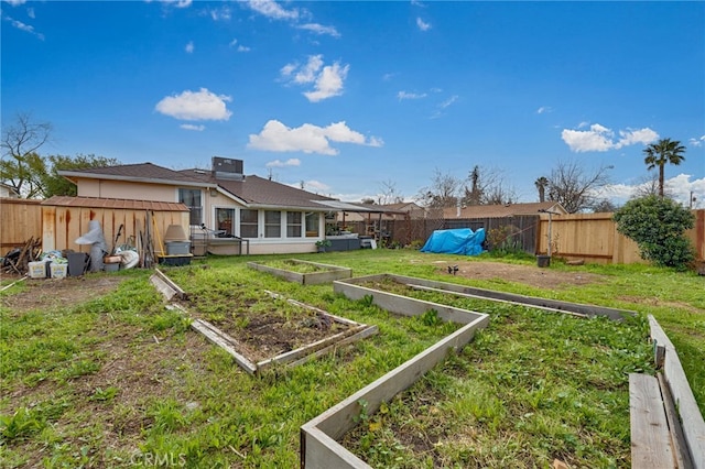 view of yard featuring a fenced backyard and a vegetable garden