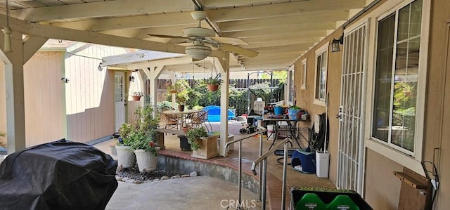 33518 Colorado St, Yucaipa, CA 92399 - view of patio / terrace with ceiling fan, fence, and a grill