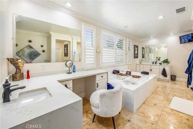 full bathroom featuring a garden tub, recessed lighting, visible vents, ornamental molding, and a sink