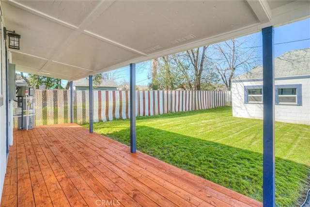 deck featuring a fenced backyard and a lawn