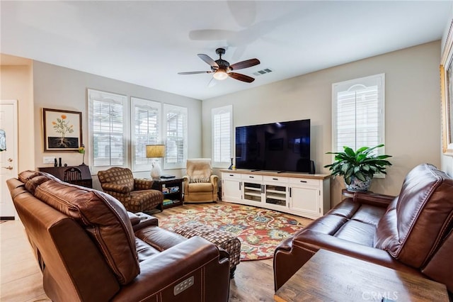 living area with visible vents and a ceiling fan