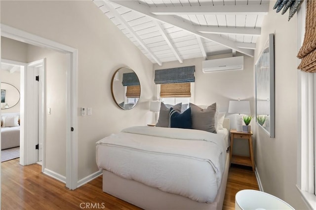 bedroom with vaulted ceiling with beams, wooden ceiling, wood finished floors, baseboards, and a wall mounted AC