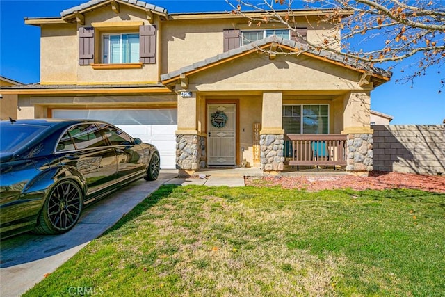 view of front of home featuring an attached garage, stone siding, covered porch, and stucco siding