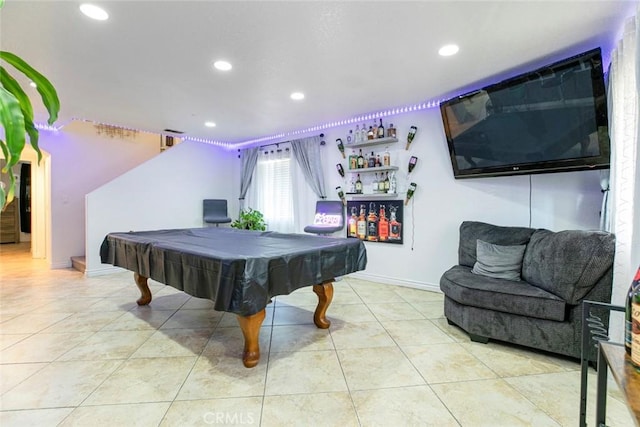 rec room featuring tile patterned flooring, recessed lighting, pool table, baseboards, and a bar