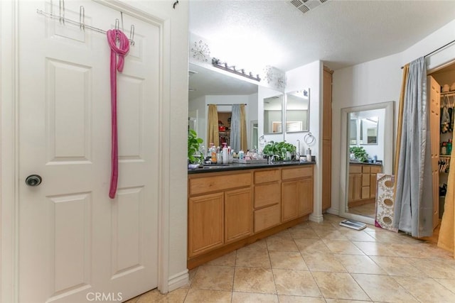 bathroom with a textured ceiling, a spacious closet, vanity, and visible vents