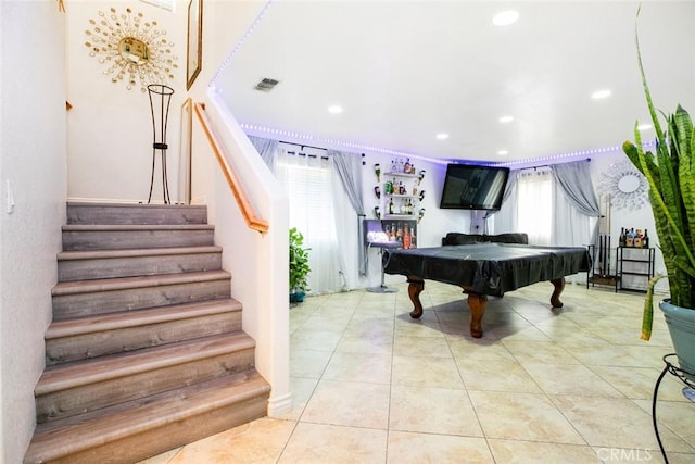 rec room with tile patterned flooring, billiards, visible vents, and recessed lighting