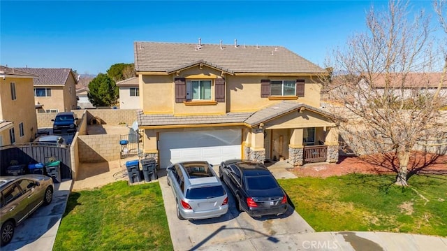 traditional home featuring driveway, a tile roof, an attached garage, and stucco siding