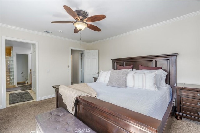 bedroom with light carpet, visible vents, baseboards, ceiling fan, and ornamental molding