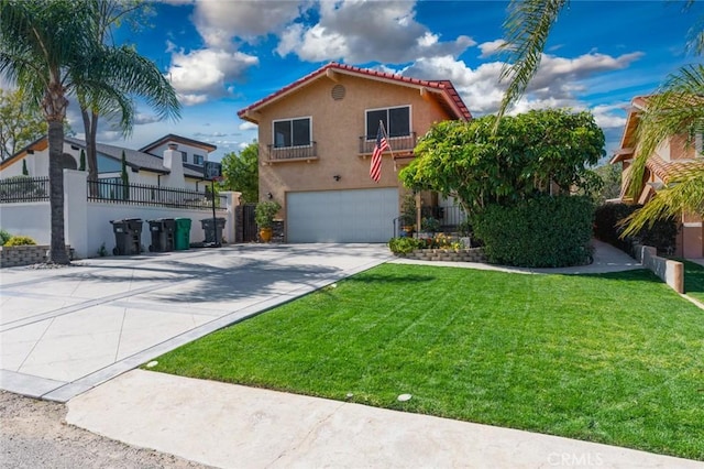 mediterranean / spanish-style home featuring a garage, concrete driveway, a front yard, and stucco siding