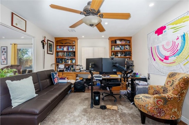 home office featuring a ceiling fan, recessed lighting, and visible vents