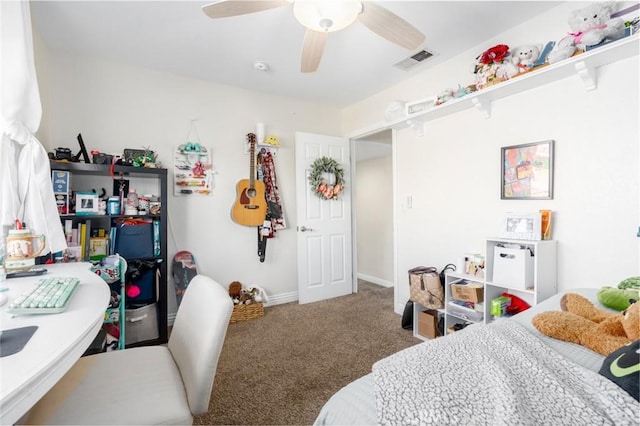 bedroom featuring carpet floors, baseboards, visible vents, and a ceiling fan