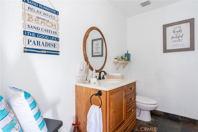 half bathroom with toilet, baseboards, visible vents, and vanity