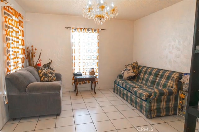 living room with a textured ceiling, light tile patterned flooring, and a chandelier