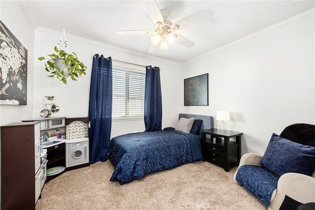 bedroom featuring light carpet, ceiling fan, and crown molding