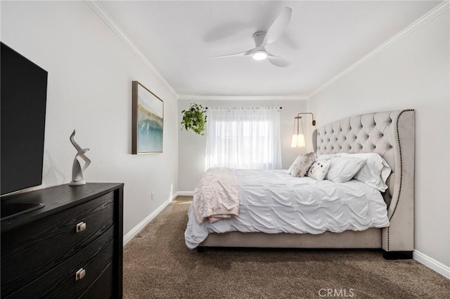 bedroom featuring dark carpet, crown molding, baseboards, and a ceiling fan