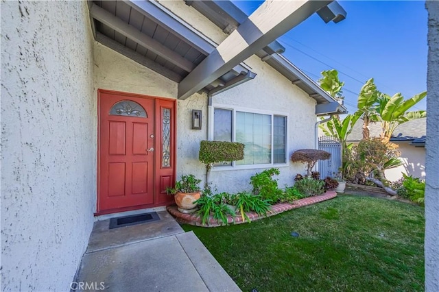 doorway to property featuring a yard and stucco siding