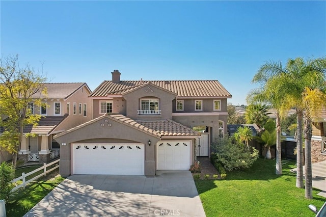 mediterranean / spanish home with a tile roof, a chimney, stucco siding, an attached garage, and driveway