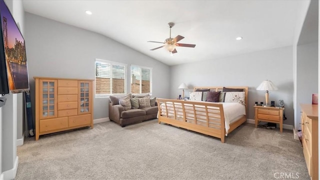 carpeted bedroom featuring lofted ceiling, recessed lighting, baseboards, and ceiling fan