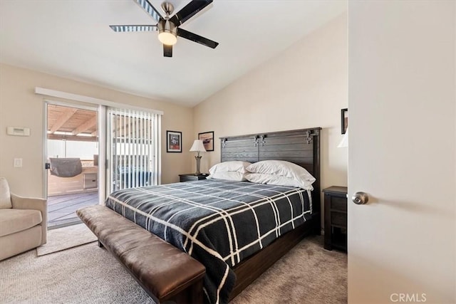 bedroom with lofted ceiling, access to outside, carpet flooring, and a ceiling fan