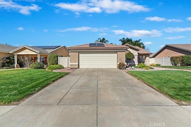 ranch-style home with a front yard, fence, and stucco siding