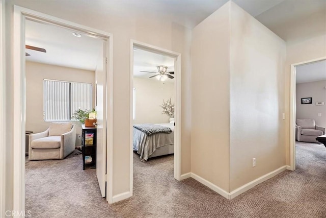 hall featuring baseboards and carpet flooring