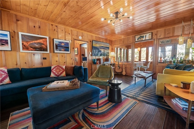 living area with hardwood / wood-style floors, wood ceiling, and wooden walls