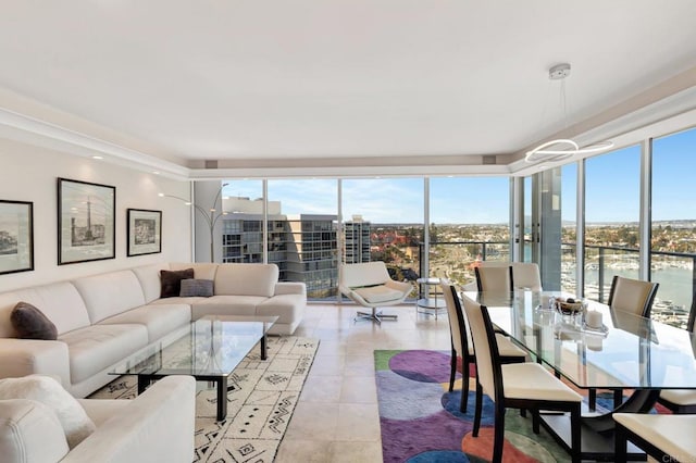 living room featuring light tile patterned floors and a view of city