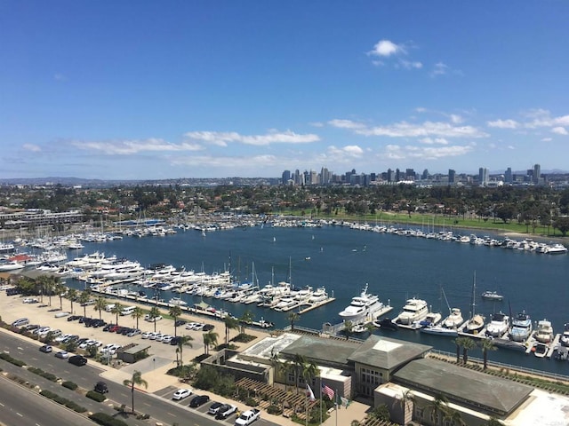 aerial view featuring a city view and a water view