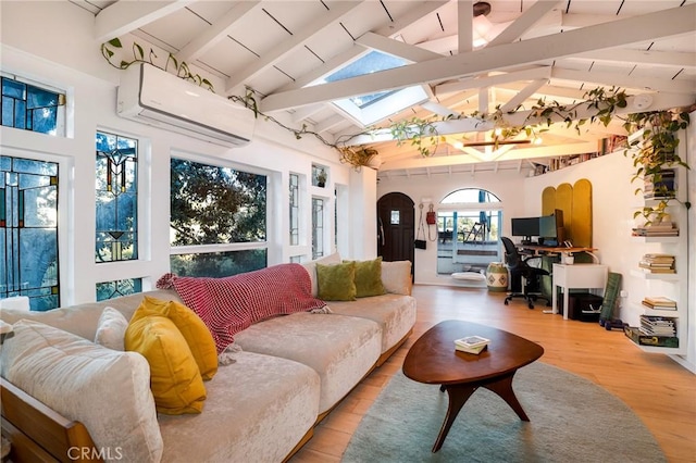 living area with beamed ceiling, a wall unit AC, light wood-style flooring, arched walkways, and high vaulted ceiling