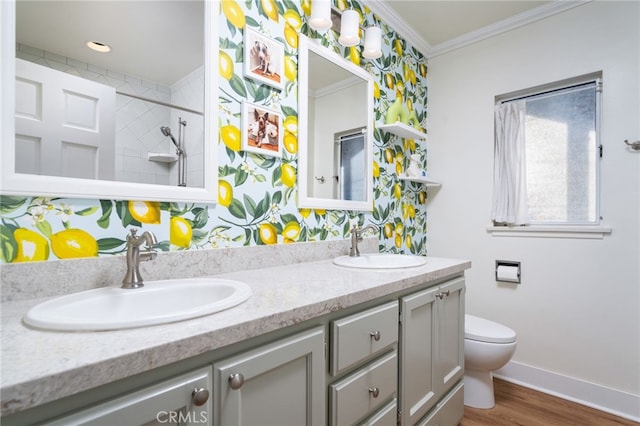 bathroom with double vanity, ornamental molding, a sink, and toilet