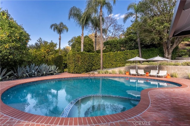 view of swimming pool with a pool with connected hot tub and a patio