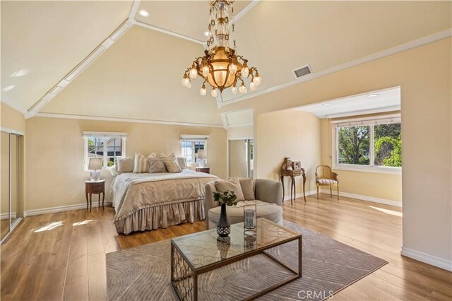 1632 Indus St, Newport Beach, CA 92660 - bedroom with high vaulted ceiling, a chandelier, wood finished floors, and recessed lighting