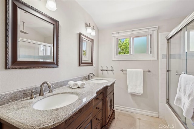 1632 Indus St, Newport Beach, CA 92660 - full bath featuring double vanity, tile patterned flooring, combined bath / shower with glass door, and baseboards