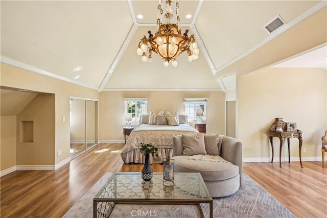 1632 Indus St, Newport Beach, CA 92660 - bedroom featuring a chandelier, wood finished floors, crown molding, high vaulted ceiling, and recessed lighting