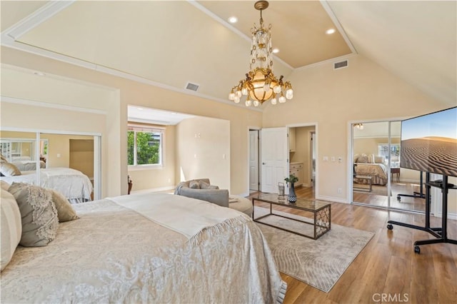 1632 Indus St, Newport Beach, CA 92660 - bedroom with wood finished floors, multiple closets, a chandelier, high vaulted ceiling, and recessed lighting