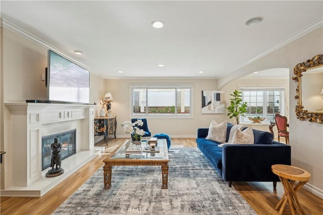 1632 Indus St, Newport Beach, CA 92660 - living area with plenty of natural light, wood finished floors, crown molding, arched walkways, and a glass covered fireplace