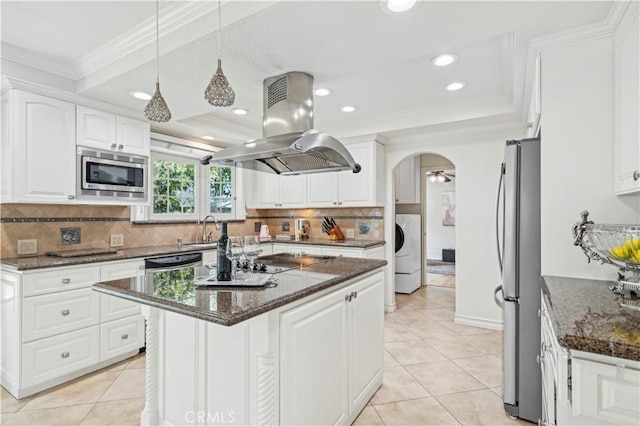 1632 Indus St, Newport Beach, CA 92660 - kitchen featuring island range hood, stainless steel appliances, a raised ceiling, arched walkways, and ornamental molding
