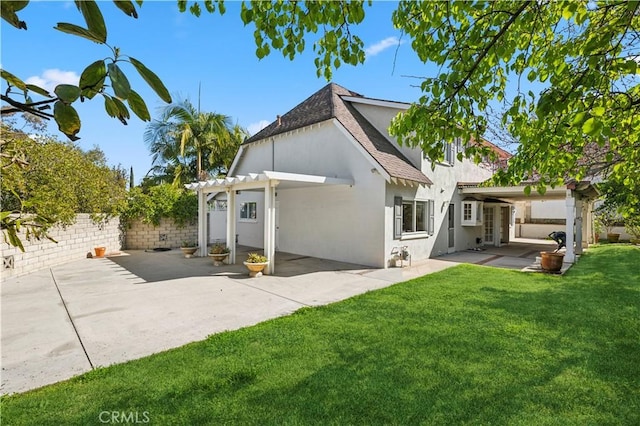 1632 Indus St, Newport Beach, CA 92660 - back of house featuring a pergola, a patio area, stucco siding, and a shingled roof
