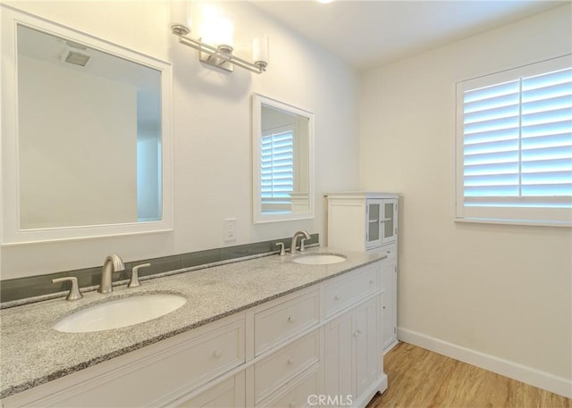 bathroom featuring a wealth of natural light, a sink, and wood finished floors