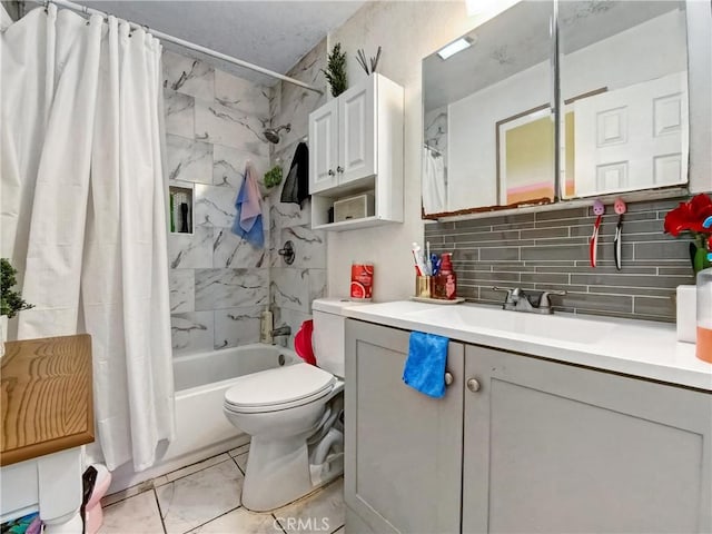 bathroom with shower / bath combo, toilet, backsplash, and vanity