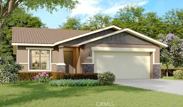 view of front of house with a garage, a tile roof, stone siding, driveway, and a front yard