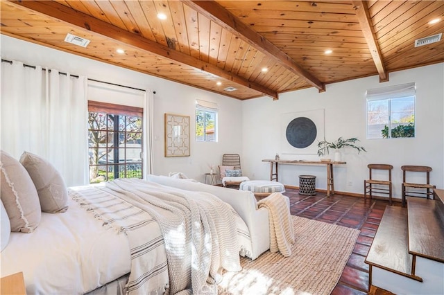 bedroom featuring wood ceiling, multiple windows, visible vents, and beamed ceiling