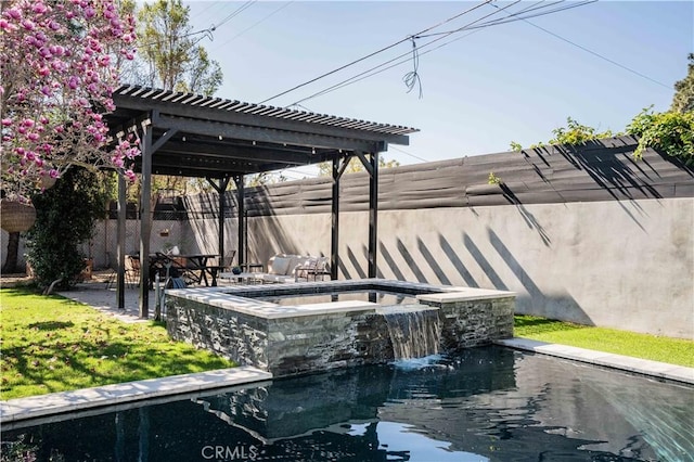 exterior space featuring a fenced in pool, a pergola, a fenced backyard, and an in ground hot tub