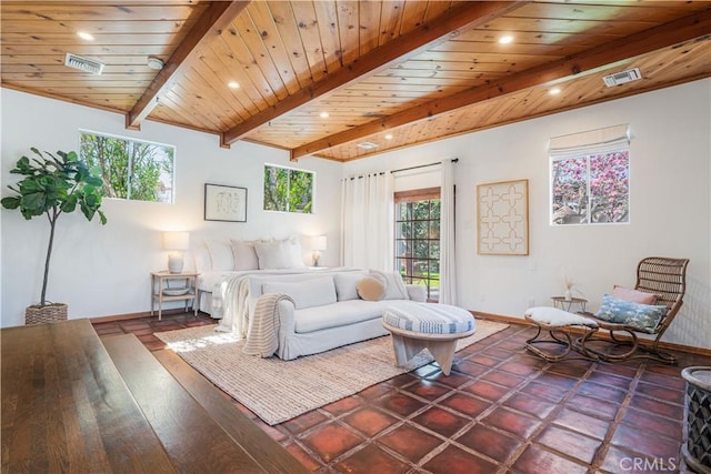 bedroom featuring wood ceiling, beam ceiling, visible vents, and baseboards