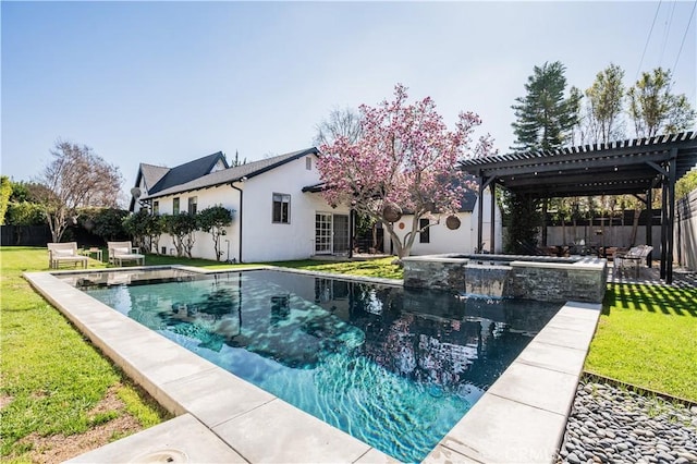 view of pool featuring a fenced in pool, fence private yard, a yard, and a pergola